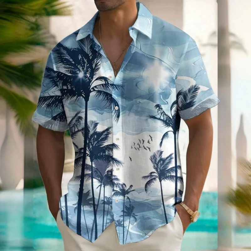 Camisa havaiana com estampa 3D de flores de praia masculina, camisas masculinas de manga curta, roupas largas, diárias, casual, 2024