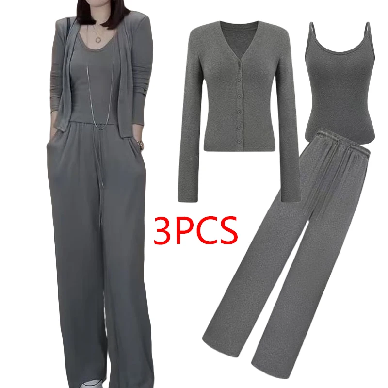 Women 3 Piece Set Outfit New in Sportswear Matching Casual New Black Streetwear Camisole Long Sleeve Top Coat Wide Leg Pant Set