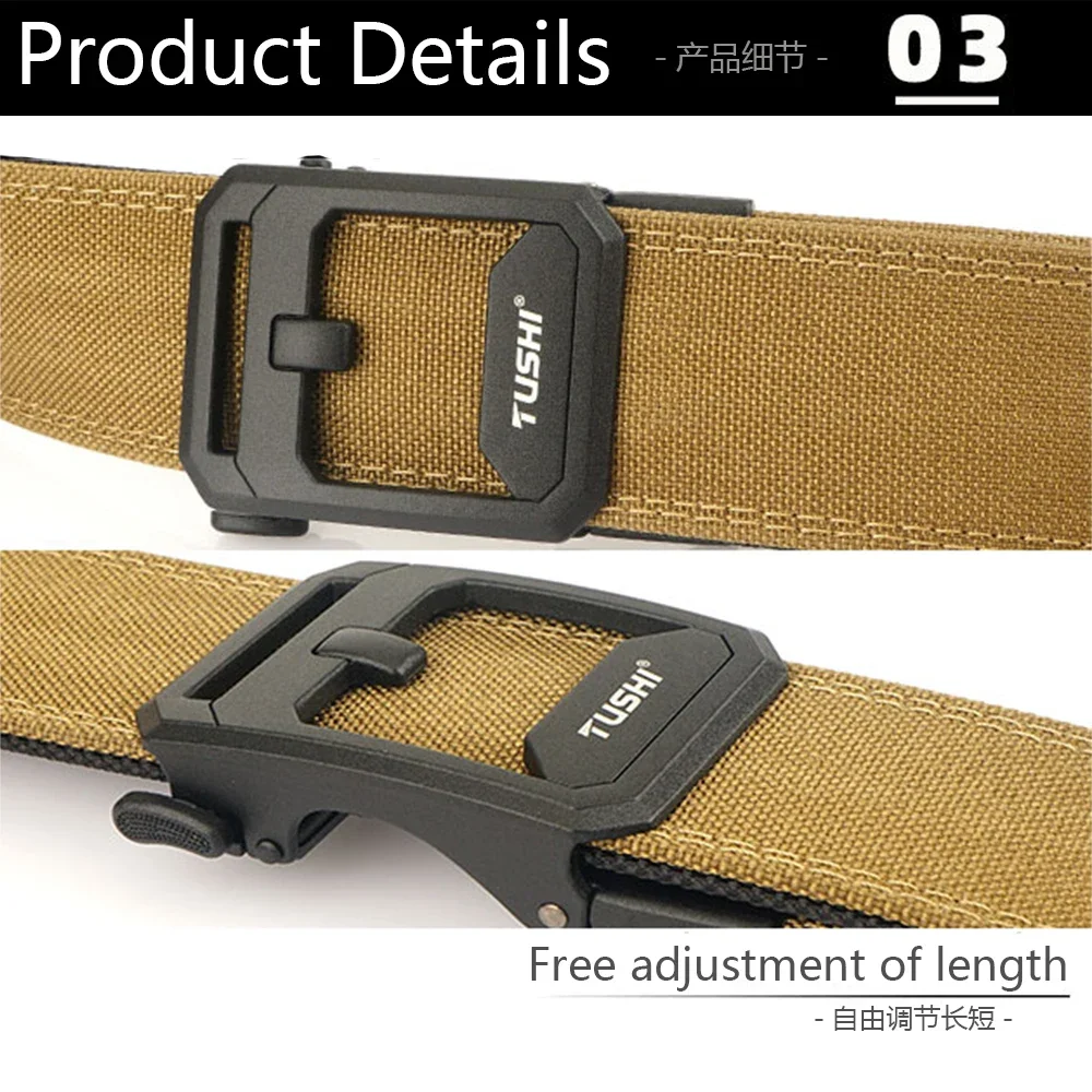 TUSHI Brand 4.3CM Wide Double-layer Reinforced Automatic Buckle Shooting Training Quick Hanging Pistol Mens Belt Nylon Outdoor