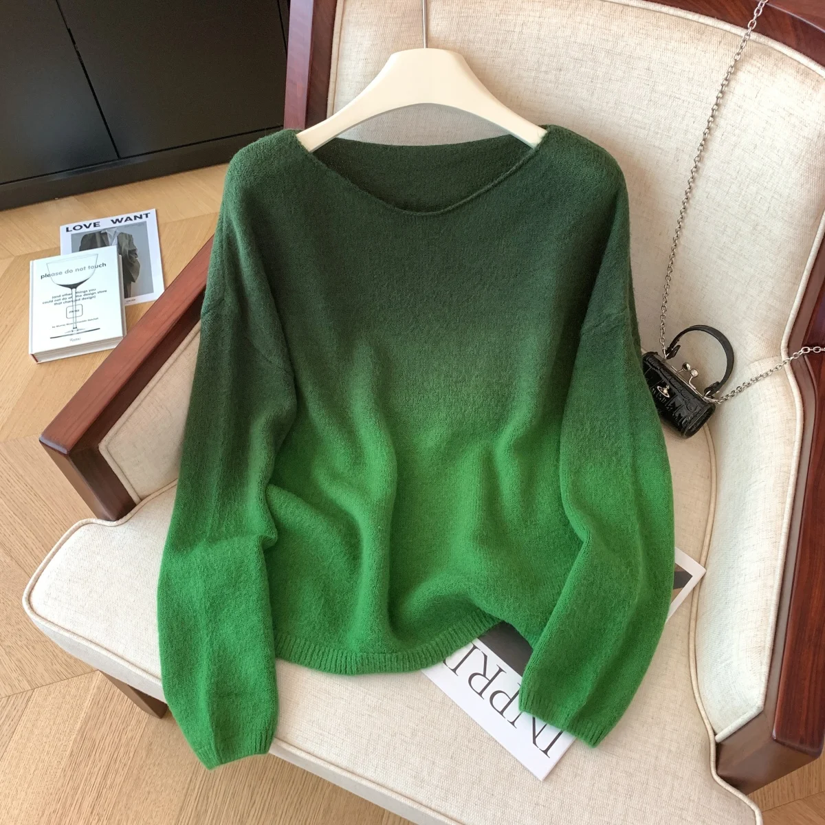 Women\'s Green Gradient O-Neck Sweater Harajuku Korean Y2k Long Sleeves Jumper Sweaters 2024 Winter College Vintage 2000s Clothes