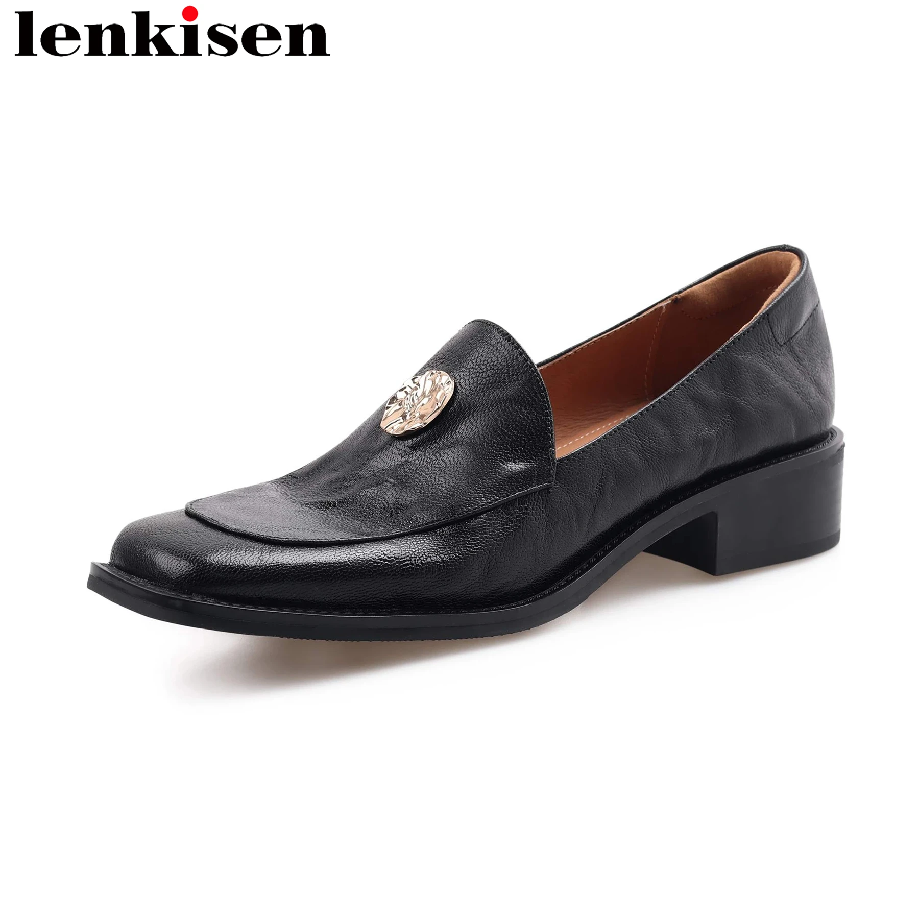 

Lenkisen Sheep Leather Low Heels Spring Casual Oxford Shoes Slip On Loafers Metal Fasteners Classics Comfortable Ins Women Pumps