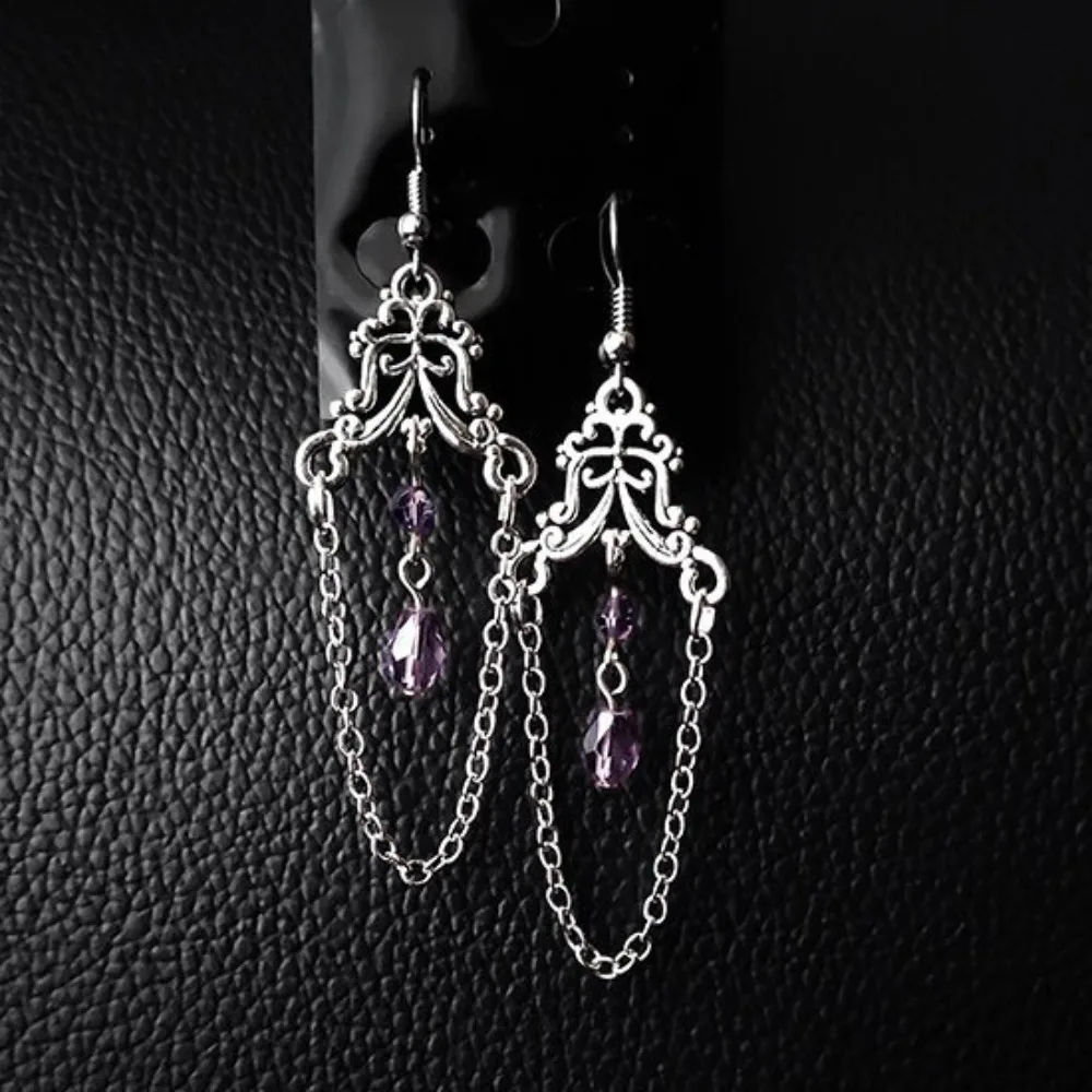 Gothic Victorian Purple Crystal Filigree Tassel Dangle Earrings for Women Halloween Party Vampire Witch Drop Earrings Jewelry