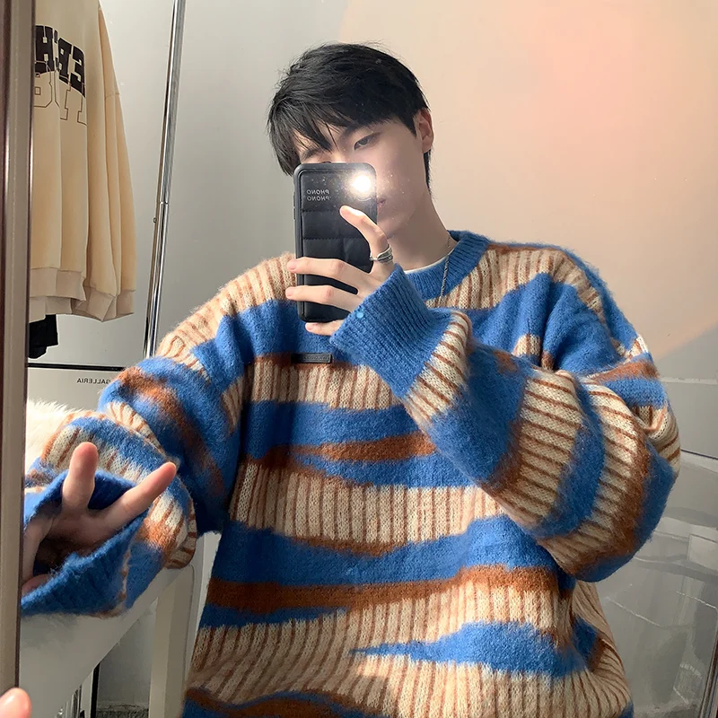 

Мужской полосатый вязаный свитер свободного кроя с длинными рукавами, осенне-зимняя новинка, повседневный удобный свитер-кардиган для подростков
