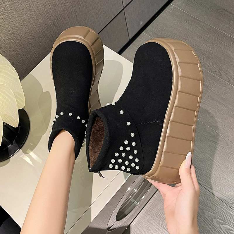 

Winter Women Ankle Boots Suede Shoes Women Casual Snow Flats Platform Pearl Decoration Short Boots High Heels New Chelsea Shoes