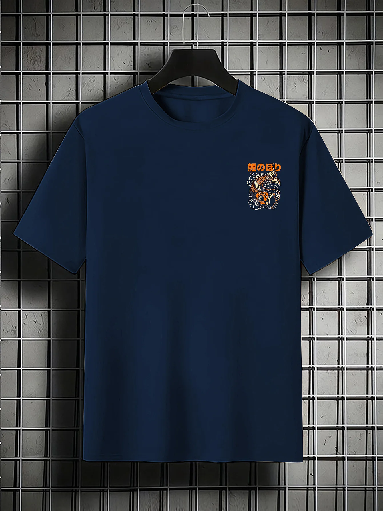 2025 Summer Men Casual Short Sleeve T-Shirt Japanese Koi Fish Cloud Print Navy Blue with Orange Artwork Men Clothing