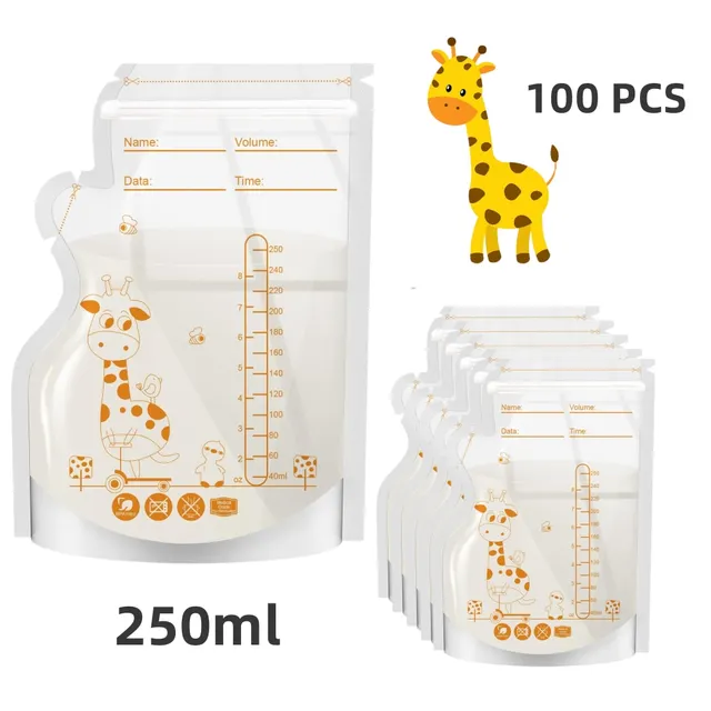 PE Giraffe Torby do przechowywania mleka matki, 250 ml 30 sztuk/60 sztuk w opakowaniu, etykiety wstępnie przyklejone, nie zawierają BPA, szczelne,