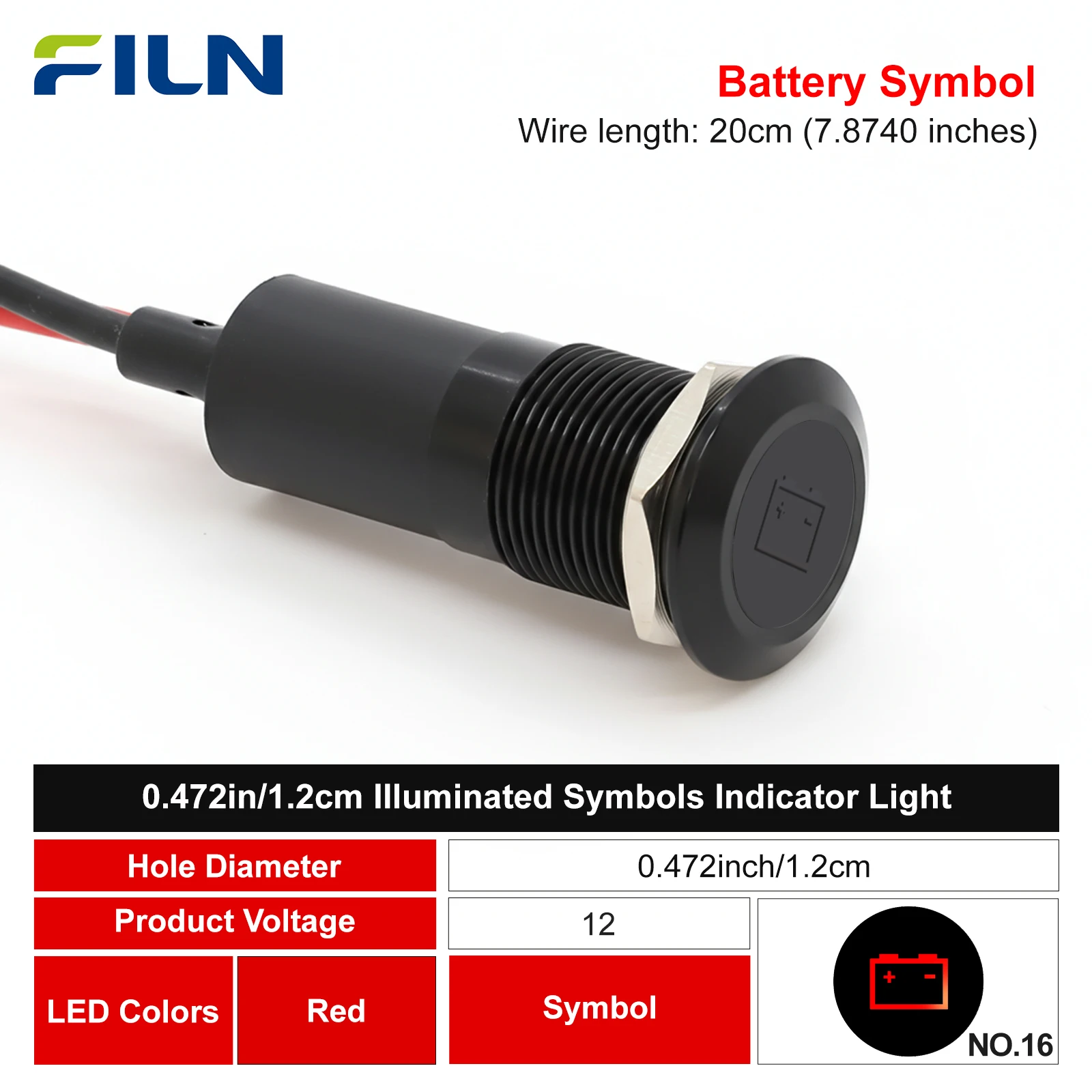 FILN 12mm Car Dashboard  Battery Symbol Led Red Yellow White Blue Green 12v Led Indicator Light with 20cm Cable