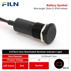 Светодиодный индикатор для приборной панели автомобиля, 12 мм, красный, желтый, белый, синий, зеленый, 12 В, С кабелем 20 см