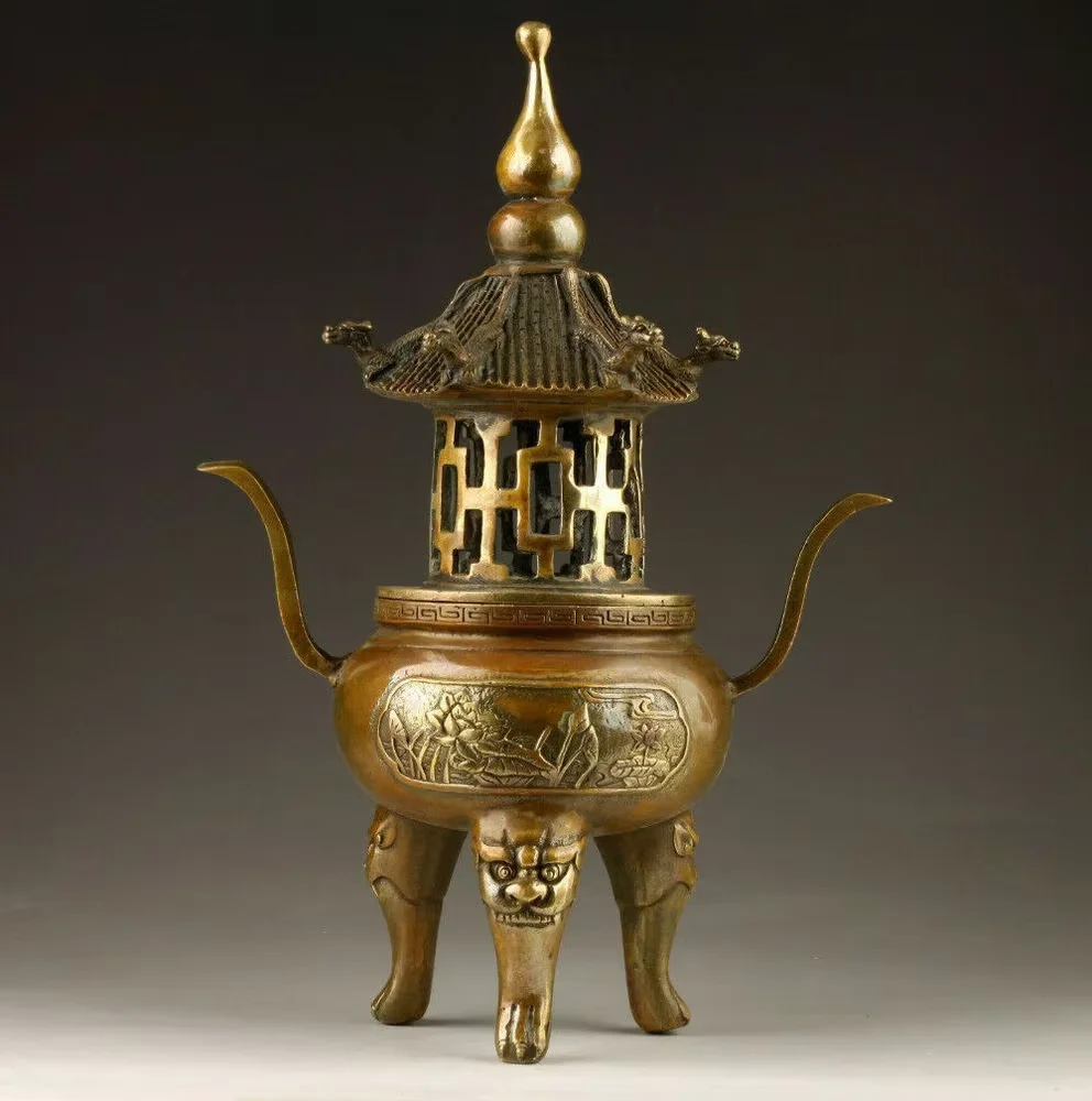 Chinese Brass Carving Buddha Tower Stupa Pagoda Incense Burner Censer Decoration