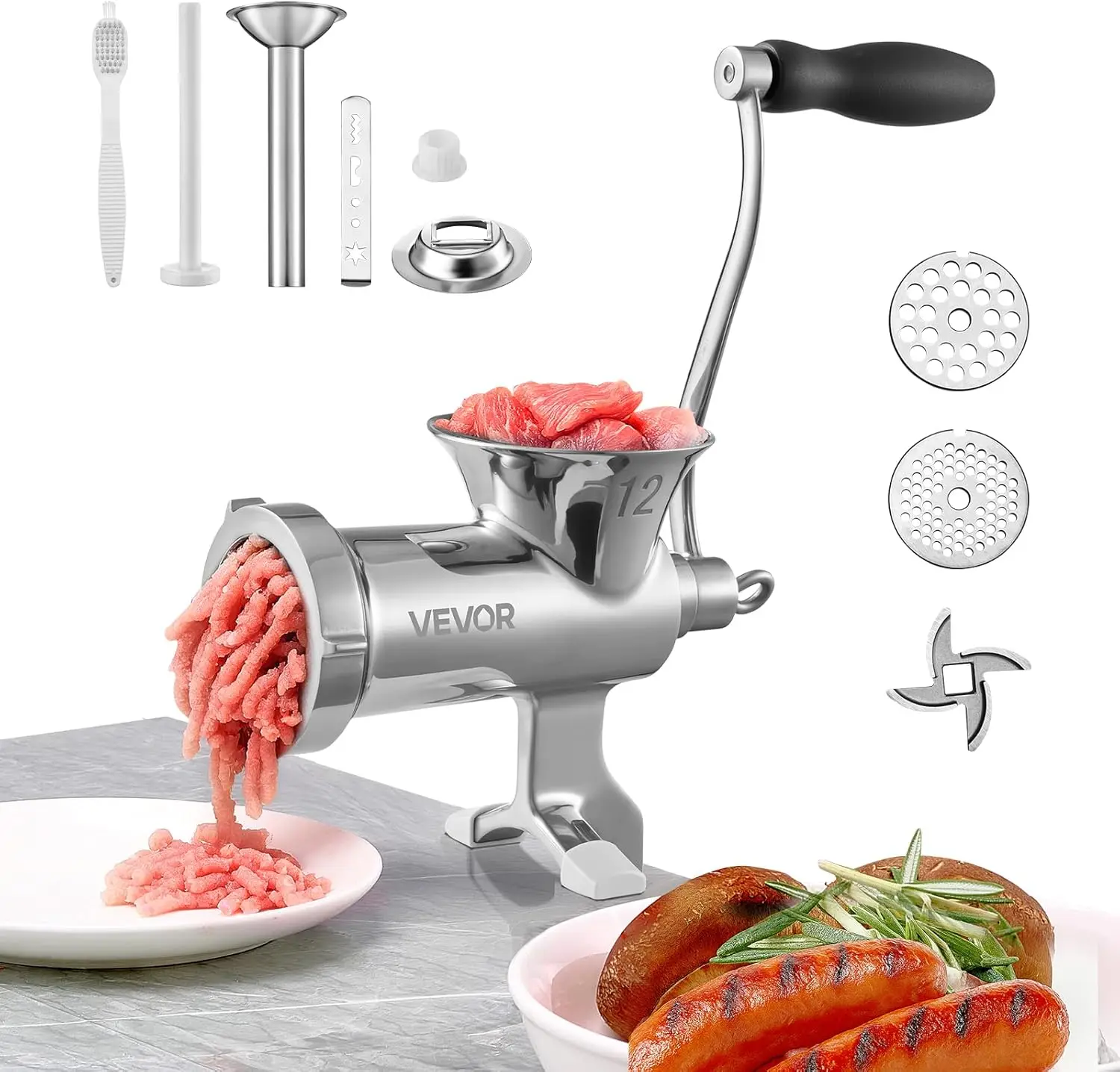 

Manual Meat Grinder, 304 Stainless Steel Meat Grinder with Steel Table Clamp, #12 Meat Mincer Sausage Maker & 2 Cutting Pl