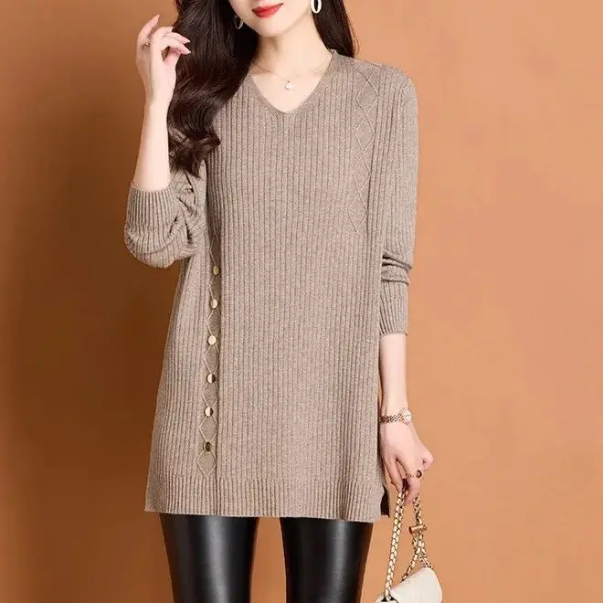 المرأة الكورية فضفاضة الخامس الرقبة متماسكة سترة الخريف الشتاء عادية كل مباراة البلوفرات القمم حجم كبير الصلبة منتصف طويلة فساتين سترة