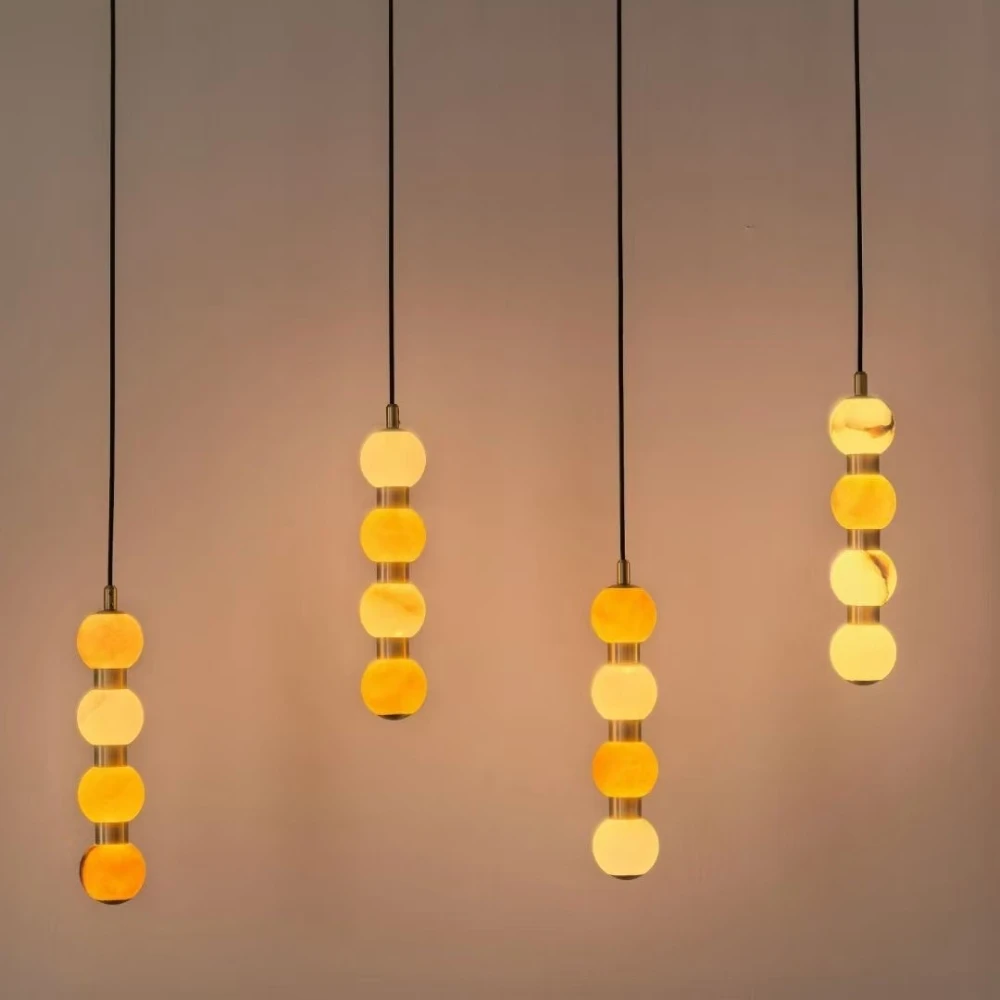 

LED Spanish Natural Marble Alabaster Spherical Chandelier Corridor Staircase Dining Room Bedroom Bedside All Copper Pendant Lamp
