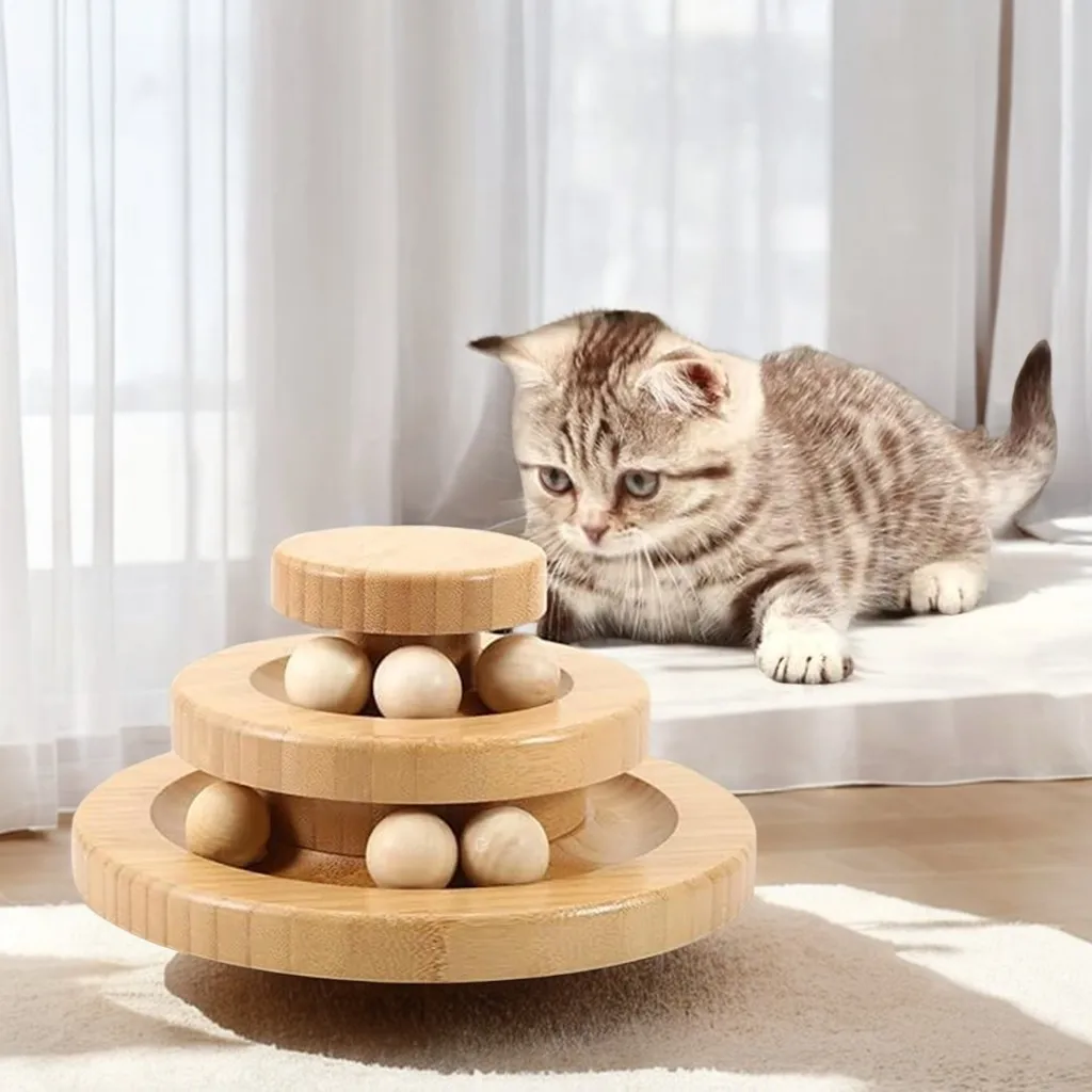 Wooden Pet Cat Toy Tower Tracks Disc Cat Intelligence Amusement Triple Play Disc Cat Toys Ball Training Toys Pet Supplies Toy