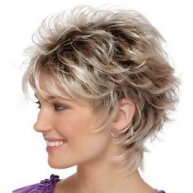 

Women Short Blonde Pixie Cut Wigs Dark Brown Ombre Blonde Synthetic Hair Wigs