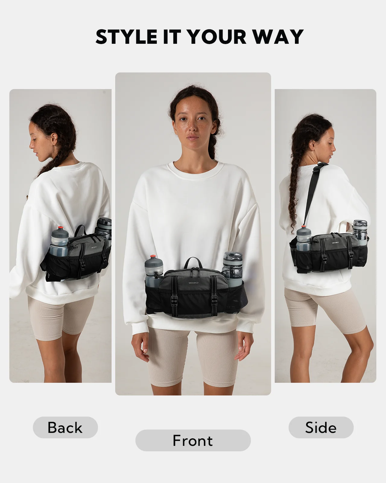 Marsupio da escursionismo WATERFLY da 3 litri - Marsupio con 2 portabottiglie e 9 tasche, cintura regolabile, ideale per viaggi, corsa, ciclismo