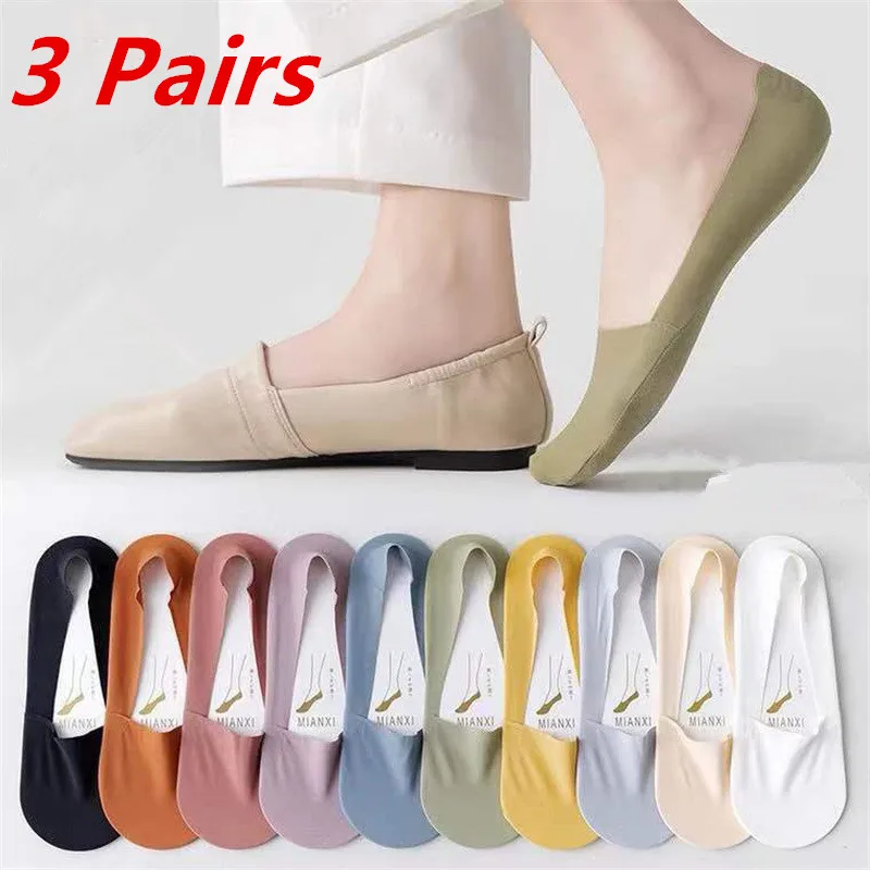 3 Pairs/Lot Women's Short Boat Socks Cotton Invisible Summer Ultra-thin Sock Breathable Silicone Non-slip Low Ice Silk Socks