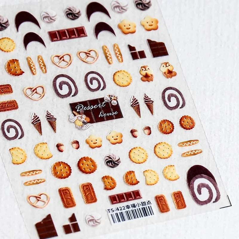 ملصق منقوش ثلاثي الأبعاد لفن الأظافر ، شارات لاصقة ناعمة خماسية الأبعاد ، شوكولاتة ، آيس كريم ، بسكويت ، حلوى ، بيع بالجملة