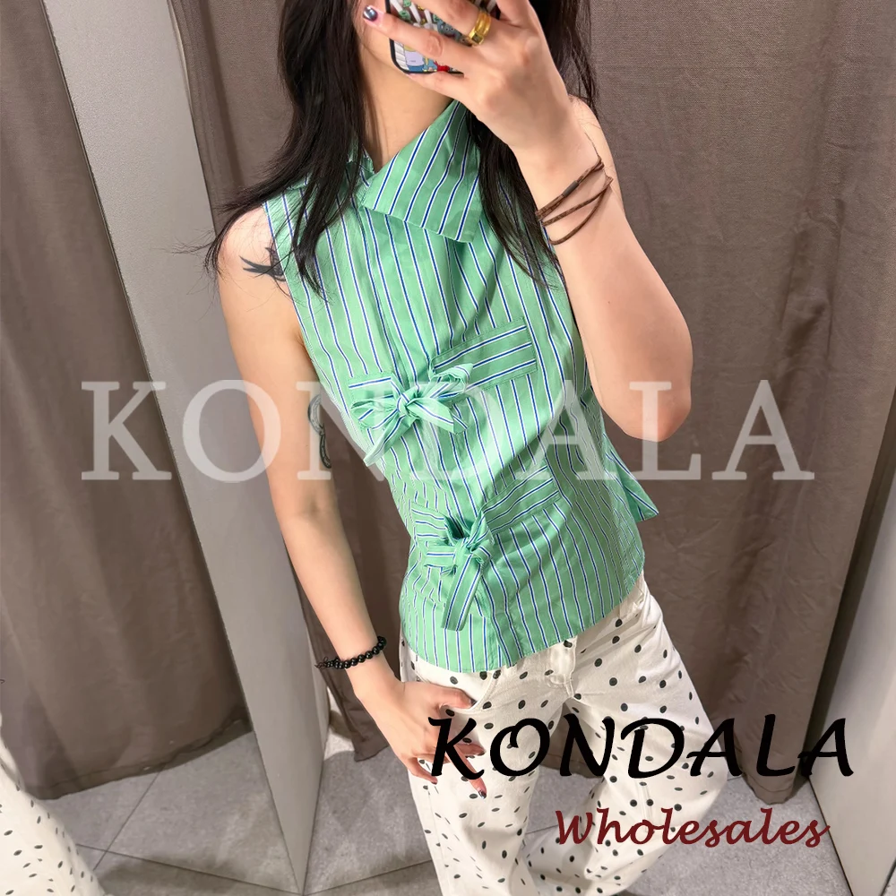 KONDALA Chic Striped Green Y2K Beach Women Summer Fashion 2026 Top Bows Tank Shirt Casual Streetwear Female Single Breasted Vest view 3