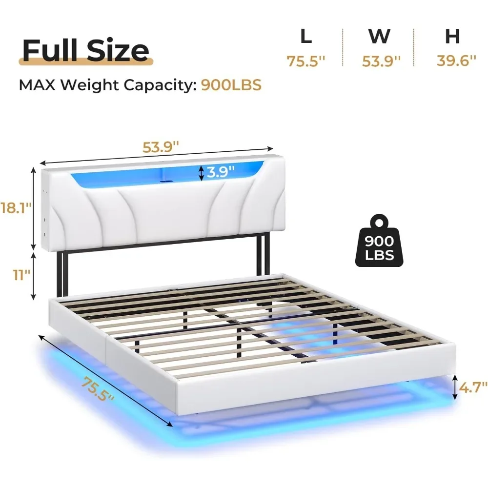 Full-size floating bed frame, LED lights, USB/Type-C ports, upholstered, no box spring needed