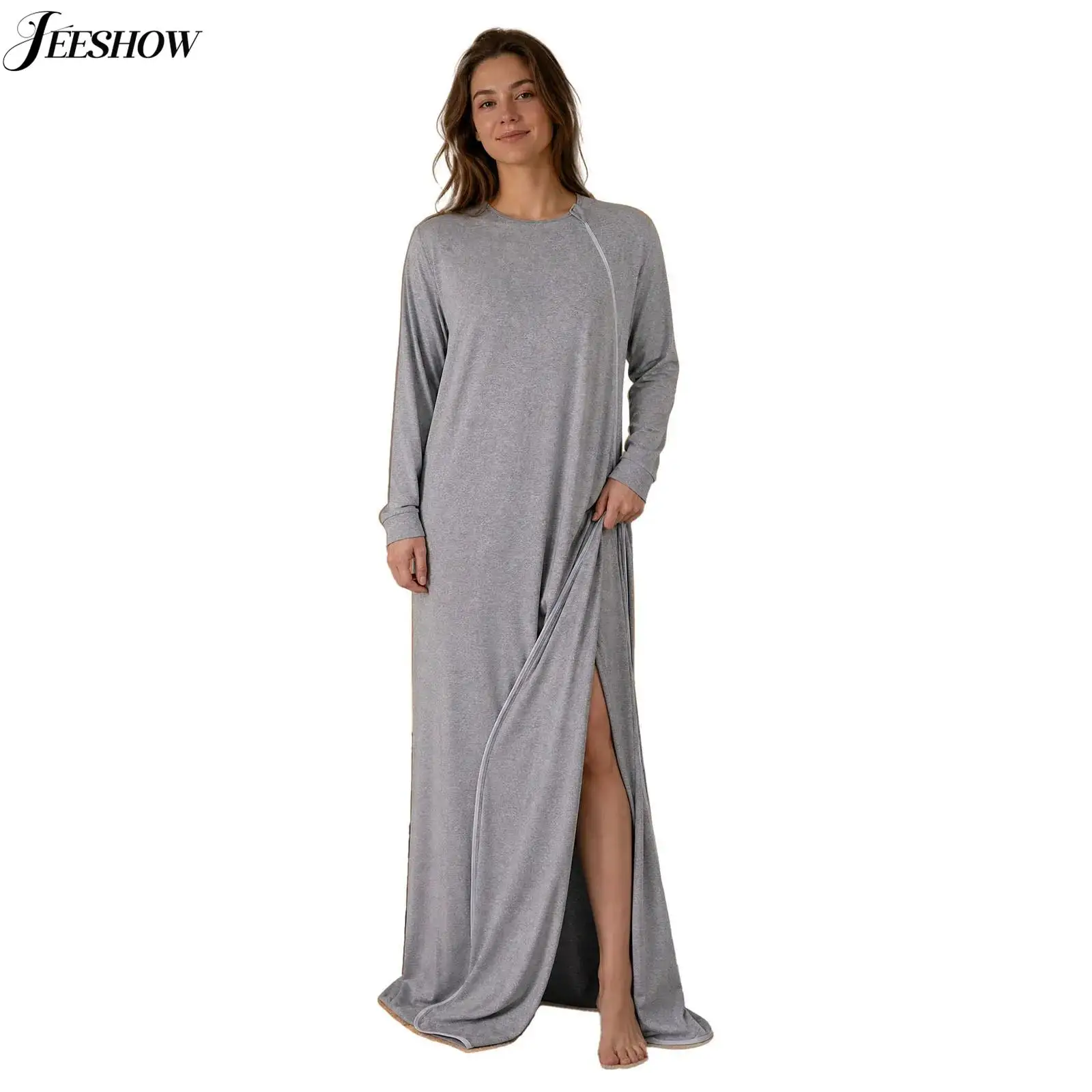 Adult Mens Womens Sleeping Bags Sleepwear Loungwear Round Neck Long Sleeve Zipper Sleeping Sack Pajamas Robe Nightshirt Homewear