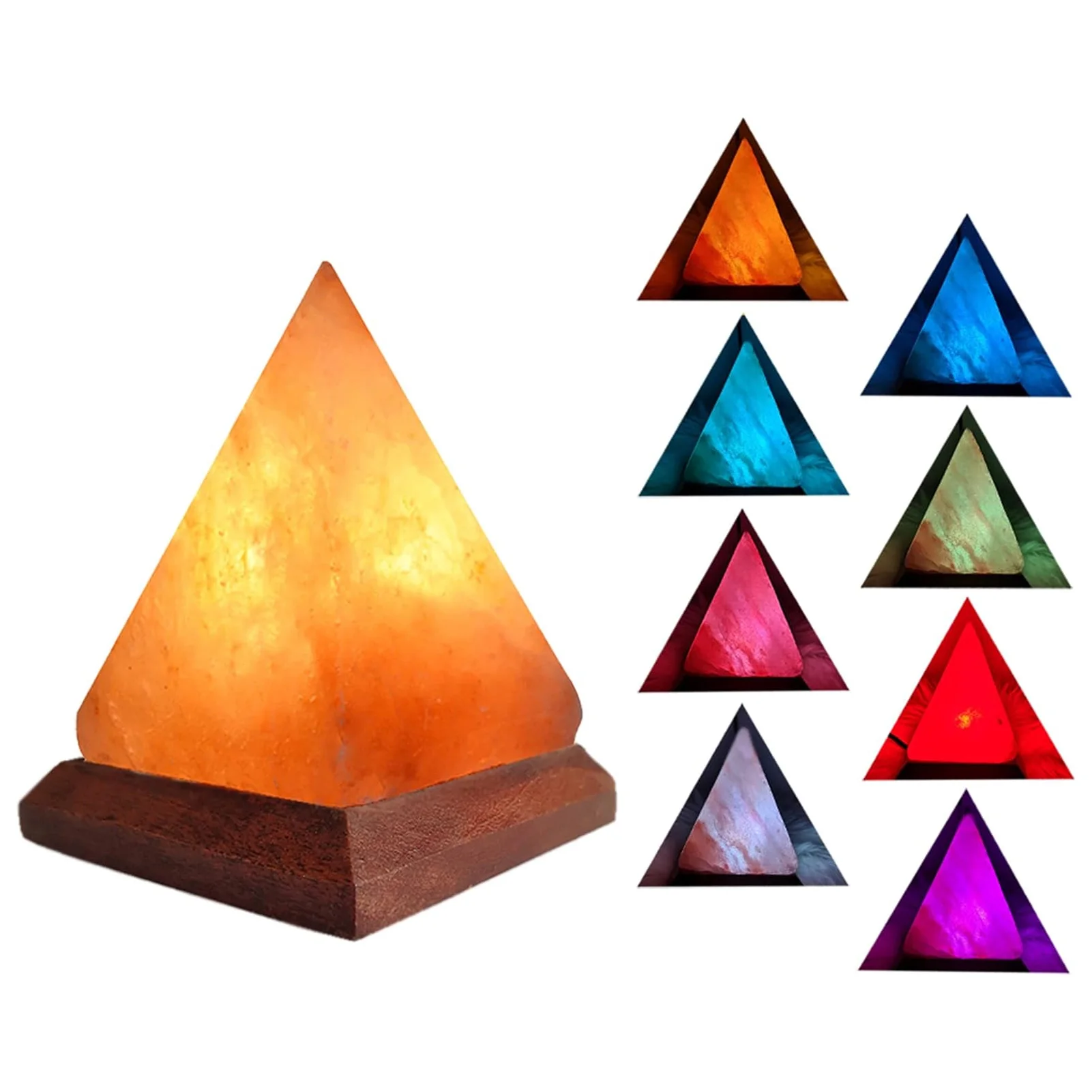 E2 Himalaya-Salzlampe, USB, RGB, 7 Farben wechselnd, handgeschnitzt, mit Holzsockel, Pyramide, Kristallsalz, Felslampe für Heimdekoration