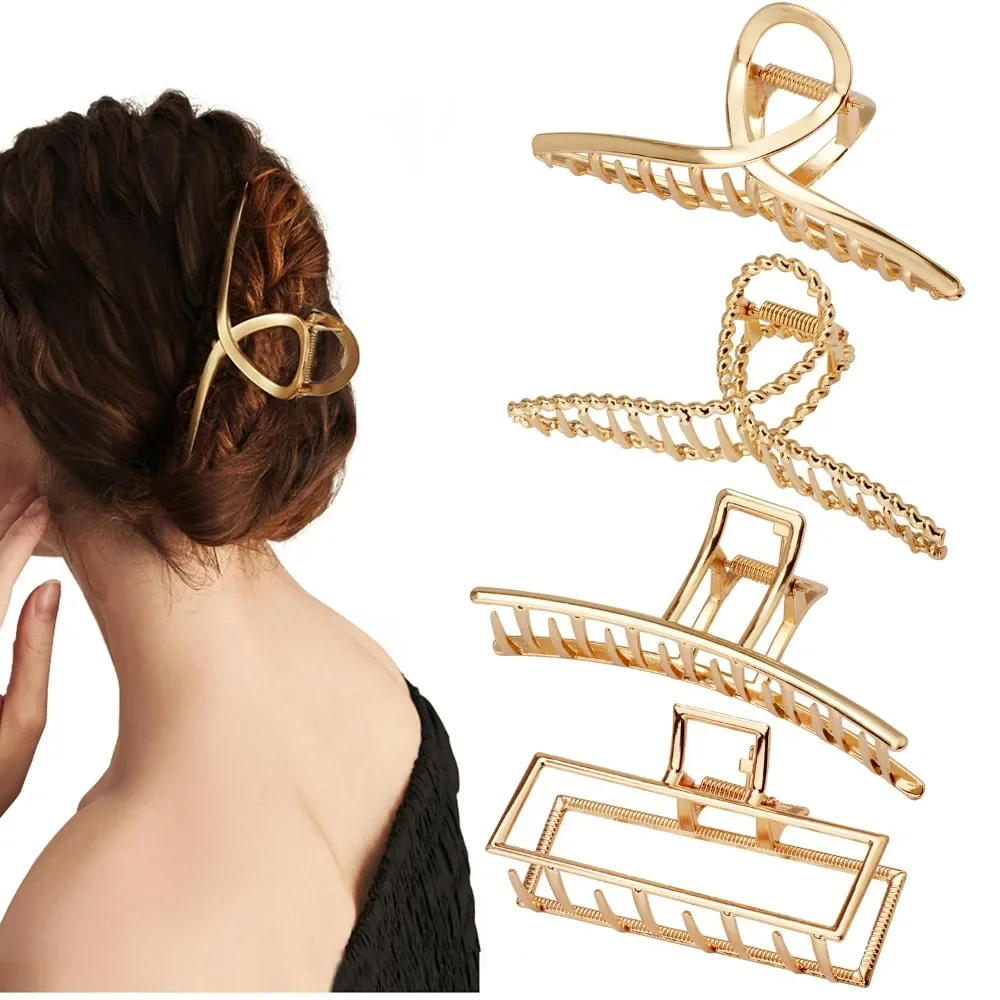 

4 Pack Large Metal Hair Clips for Thin to Thick Curly Hair, 4.3 Inch Big Nonslip Gold Color Clamps, Perfect Fashion Jaw