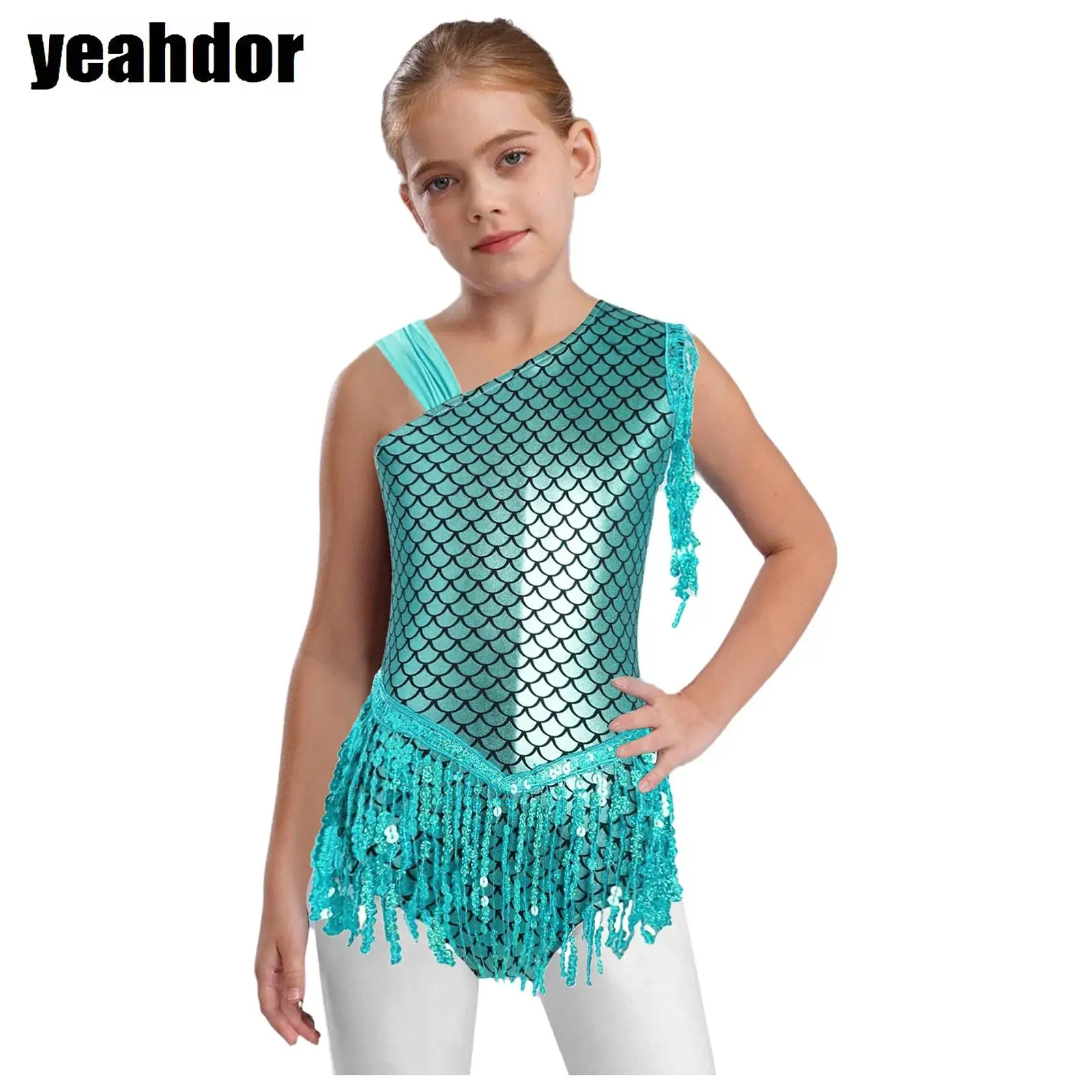 Girls Metallic Fish Scale Gymnastic Leotards Jumpsuit Mermaid Dance Leotard Bowknot Sequins Tassels Bodysuit Halloween Costume