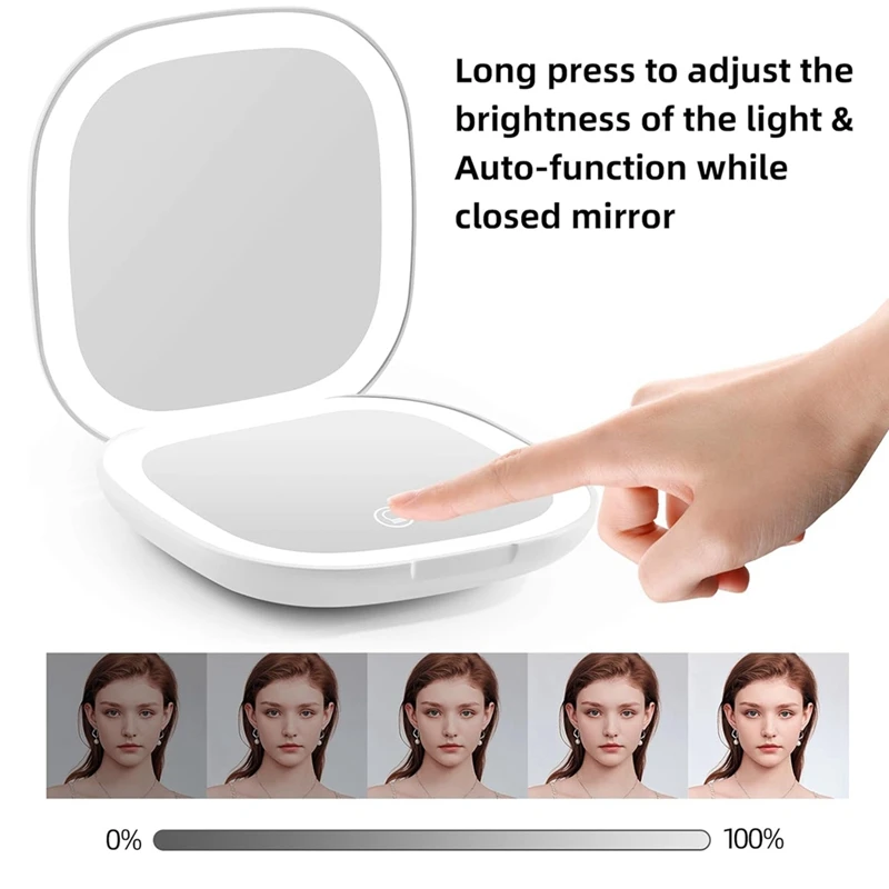 Pocket Magnifying Makeup Mirror With LED Light 3.5 Inches 10X Magnification Double Sided Rechargeable Touch Screen