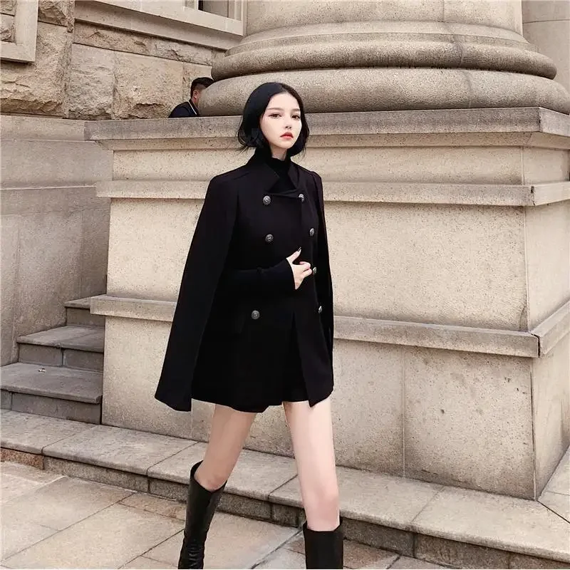 Winter new black cape coat can be used with loose stand collar medium long woolen coat for women