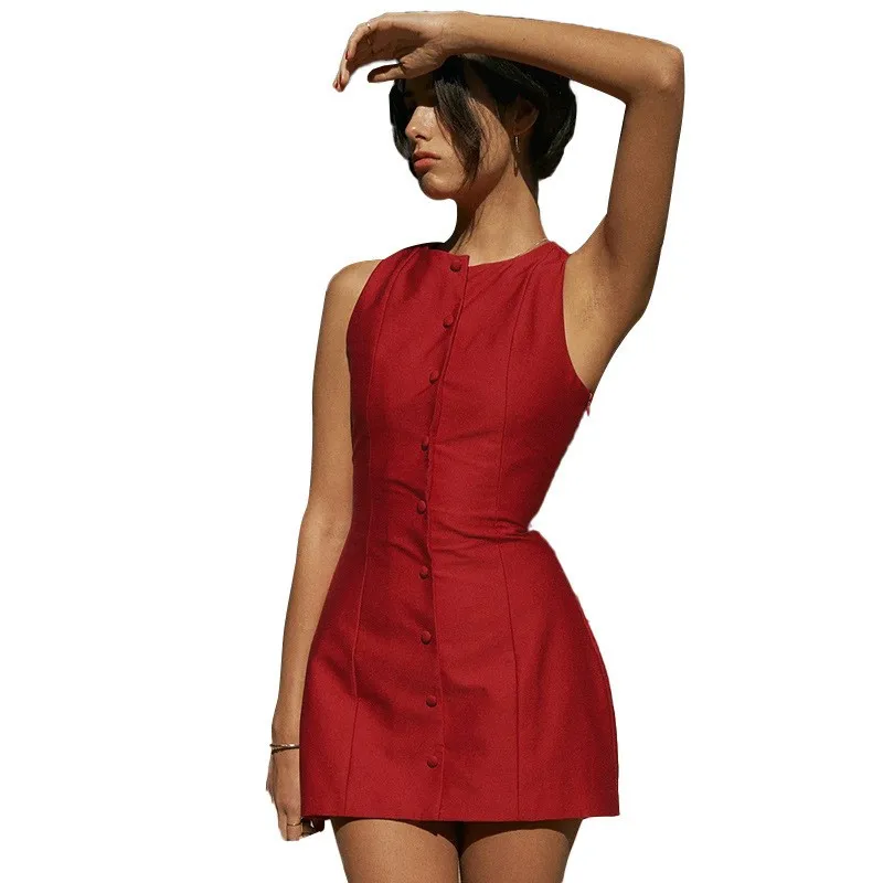 Modna, seksowna mini sukienka bez rękawów dla kobiet, nowa sukienka typu bodycon z dekoltem O, zapinana na jeden guzik, na imprezę klubową, sukienka na ramiączkach, odzież damska, vestidos