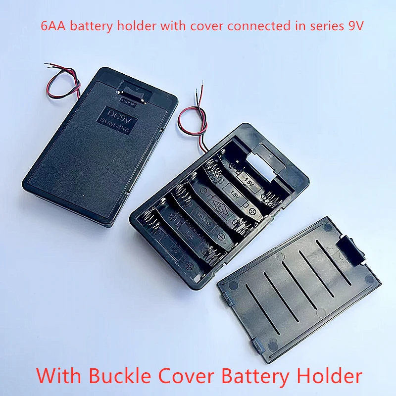 6xAA Embedded Buckle Cover Battery Holder Series Connection 9V Flip Cover Battery Box With Fixed Hole Red And Black Cable