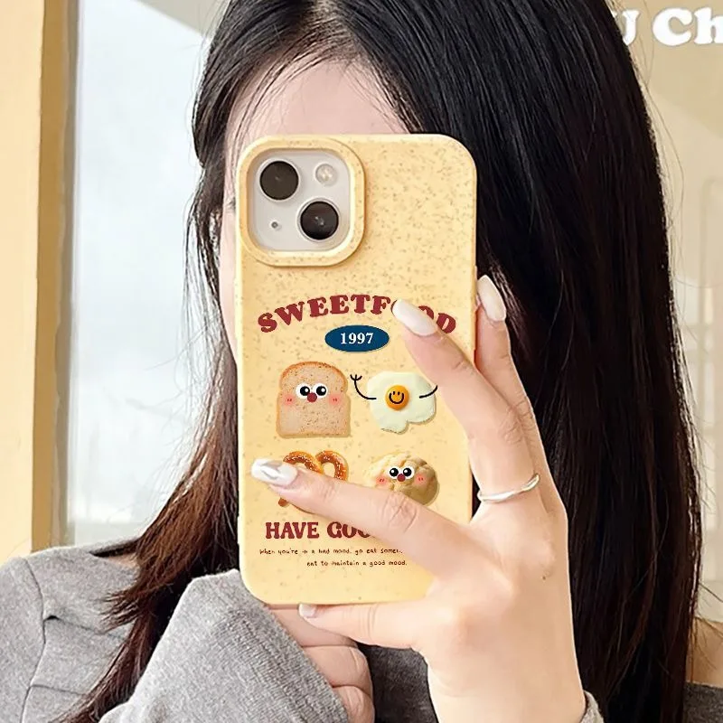 Simple Breakfast Painting Phone Case for Iphone 15 14 13 Pro Max Sweet Toast Bread Fashion Letter Phone Covers Back Cases Fundas