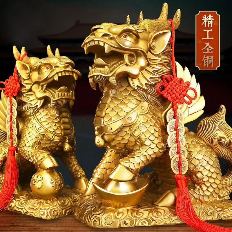 A pair of copper Qilin figurines, each featuring a design of the Eight Trigrams