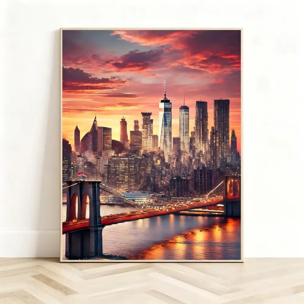Cityscape Art N-New York Manhattan Skyline Poster Classic Self-Adhesive PP Wall Sticker for Living Room Bar Decor Gift