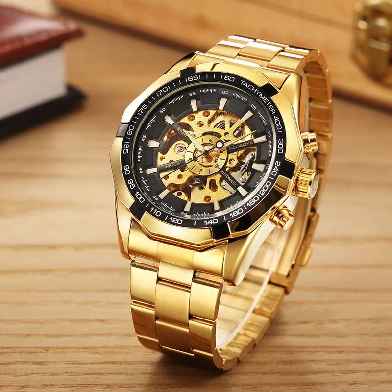 2025 New Automatic Gold Watch Men Fashion Skeleton Mechanical Skull Watches Top Brand Luxury Steel Band Luminous relógios