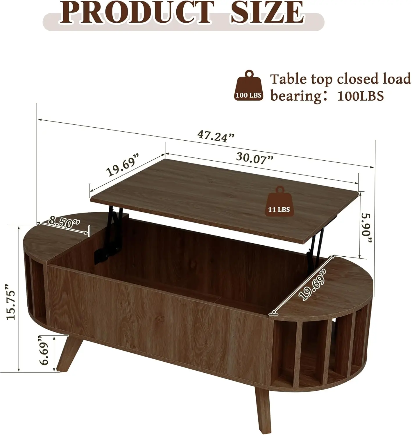 47.3" Lift Top Coffee Table with Hidden Storage, Small End Table with Curved Edge Design, Oval Center Table with Lift Tabletop