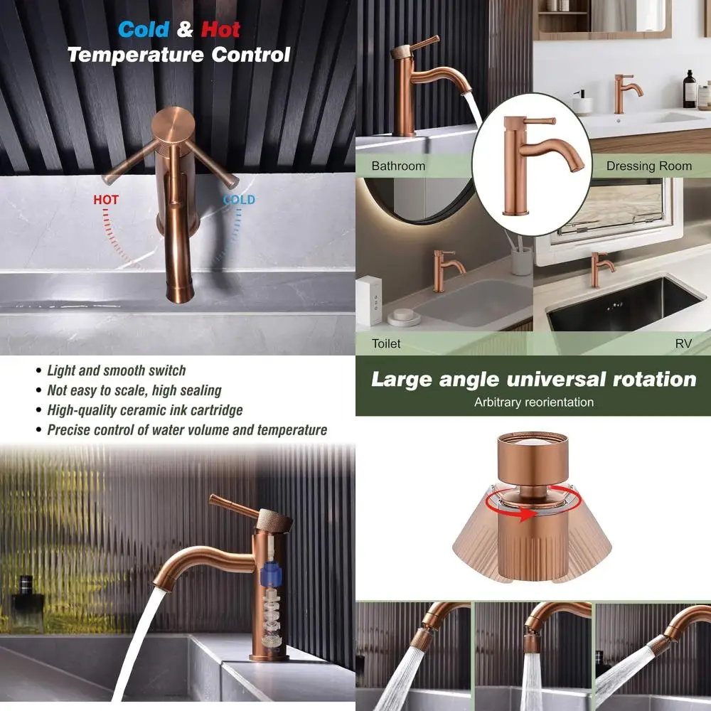 

Single Hole Deck-Mounted Rose Gold Bathroom Faucet with Extendable Aerator for Vanity and RV Use
