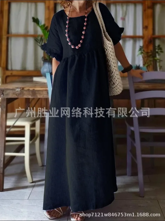 Women's Big Size Loose Round Neck Sleeveless Cotton Linen Mid-Length Dresses