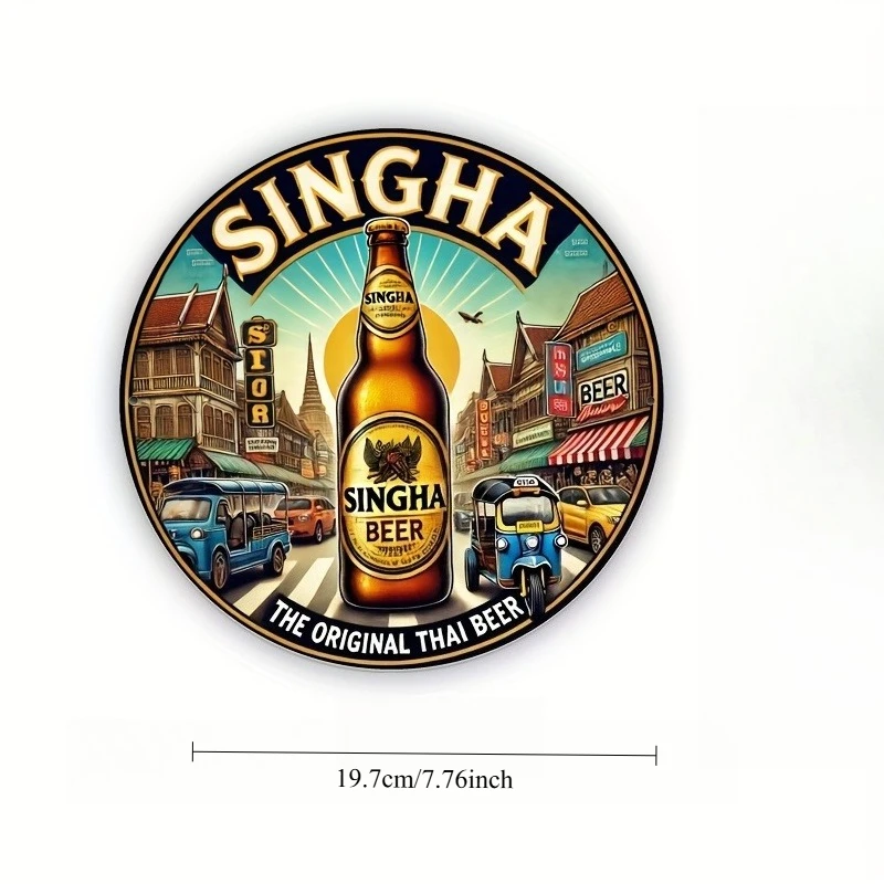 2D Flat, Singha Beer Vintage Metal Wall Art Logo - Retro Thai Cityscape Design, Durable Aluminum, Easy to Hang, Perfect for Cafe