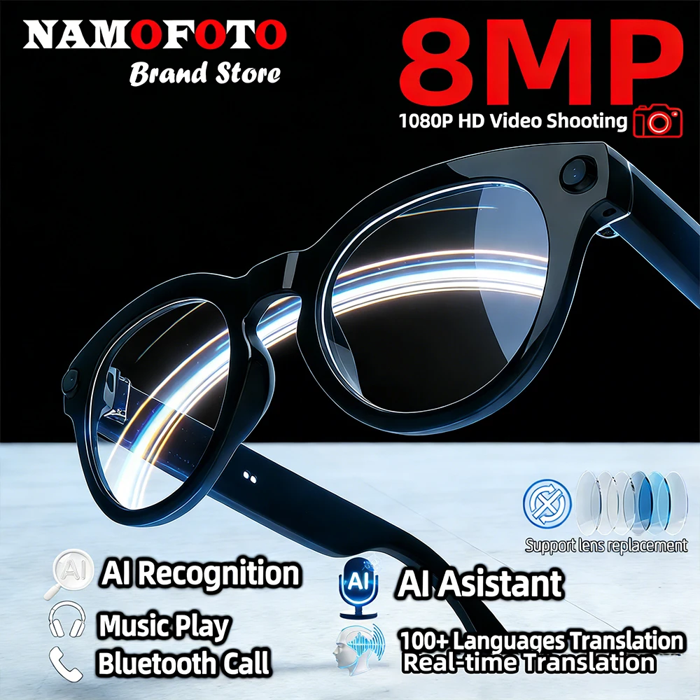 

Новые умные очки с ИИ, 8-мегапиксельная камера, запись видео, звонки по Bluetooth, воспроизведение музыки, перевод в реальном времени на 100+ языков, солнцезащитные очки для мужчин и женщин