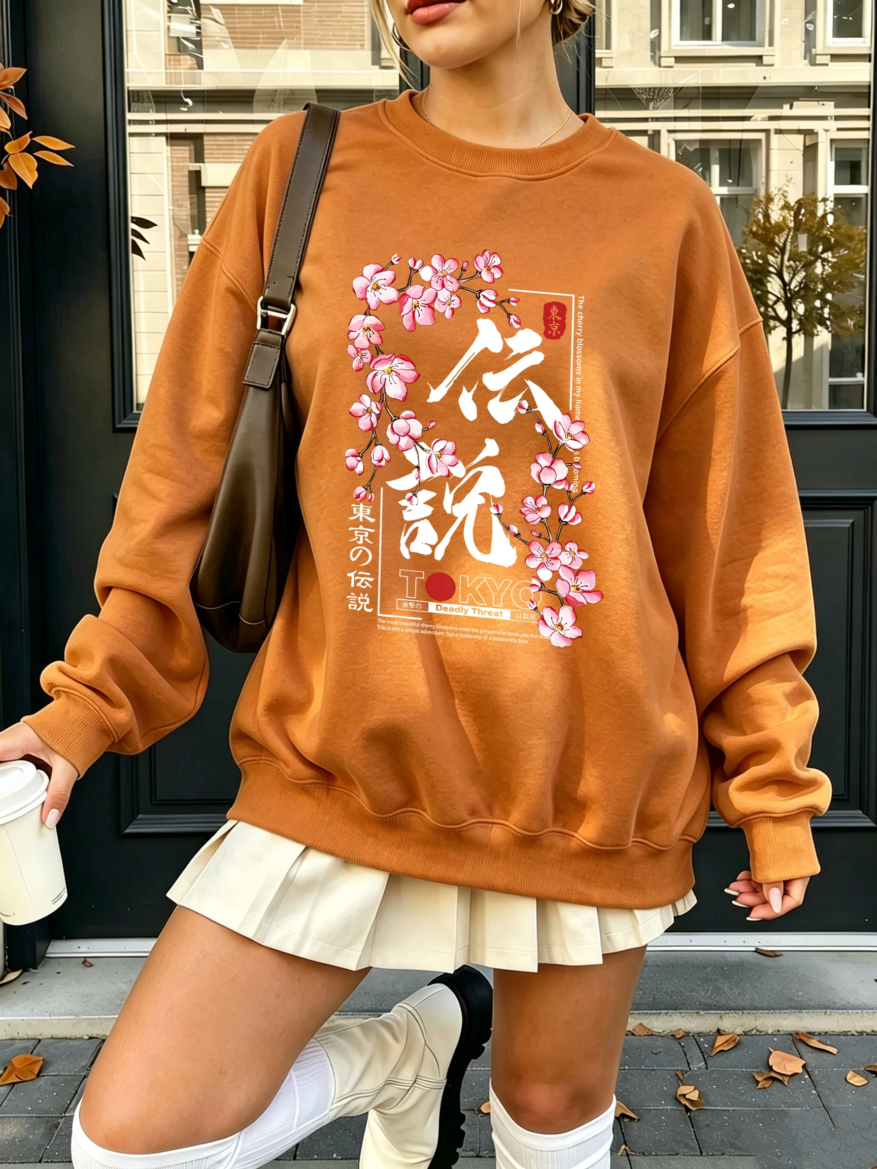 Tokyo Legend Cherry Branch Printing Women Sweatshirt Fashion Loose Clothing Autumn Fleece Pullover Casual All-Match Sportswear