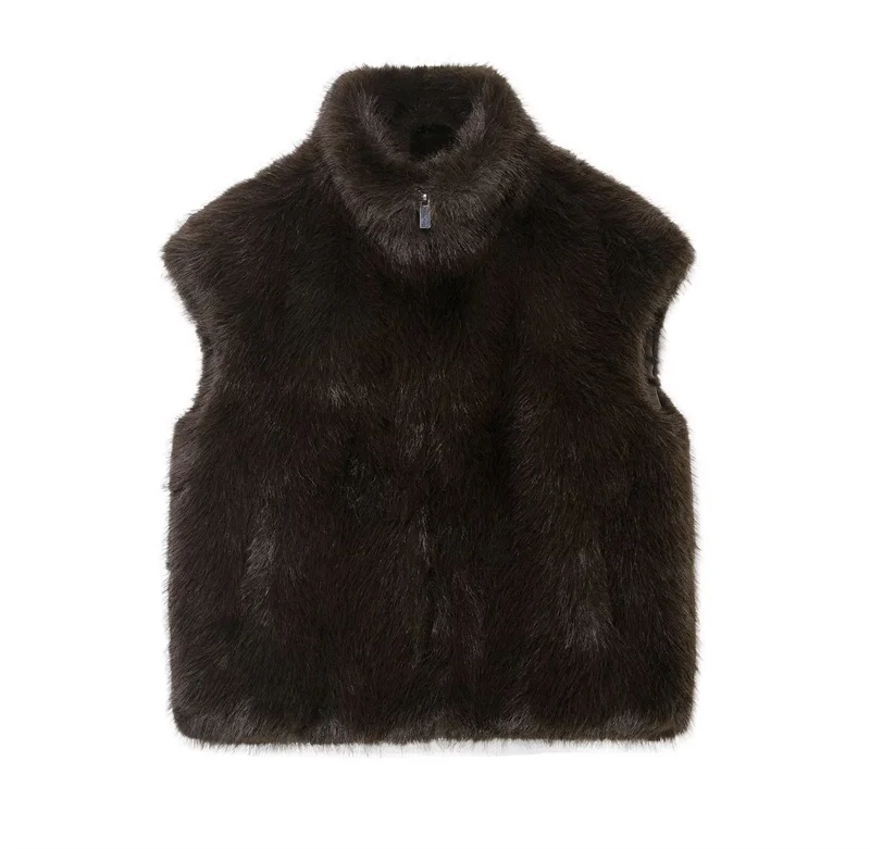 سترة نسائية 2025 خريف نمط جديد بني داكن بلا أكمام تأثير الفراء الصناعي سترة دافئة عصرية وغير رسمية متعددة الاستخدامات