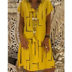 2024 Spring Oversize  Print V-neck Short Sleeve Loose  Dresses Summer Elegant Casual Trendy Lady Clothes