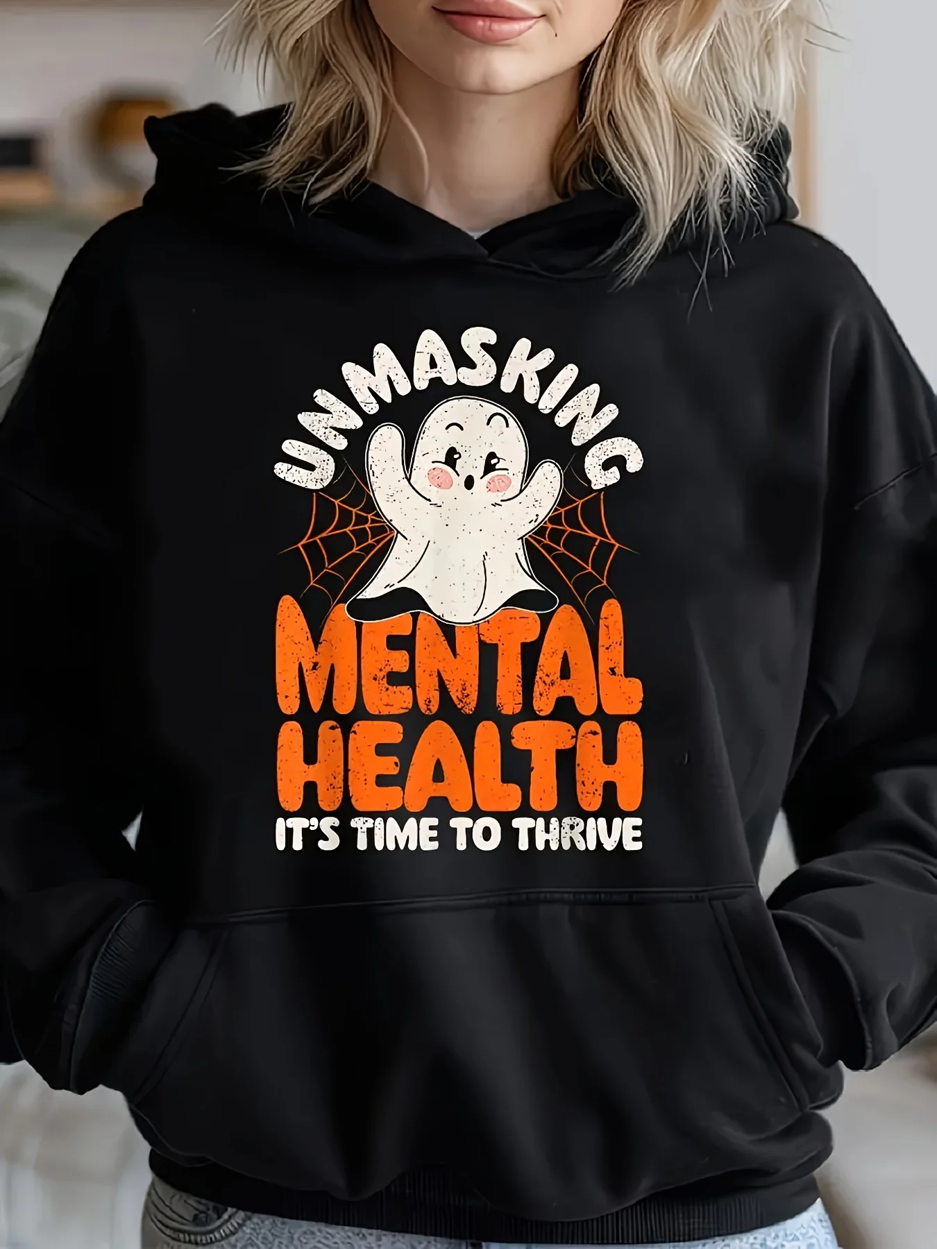 

Толстовка с карманом-кенгуру с милым призрачным принтом, повседневная толстовка с длинными рукавами и завязками, толстовка с капюшоном, женская одежда