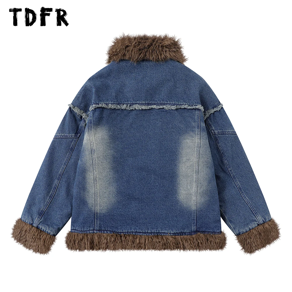 Raw Edge Spliced Denim Quilted Jacket Mens Retro Streetwear Winter Thick Long Sleeve Single Breasted Padded Jacket Men