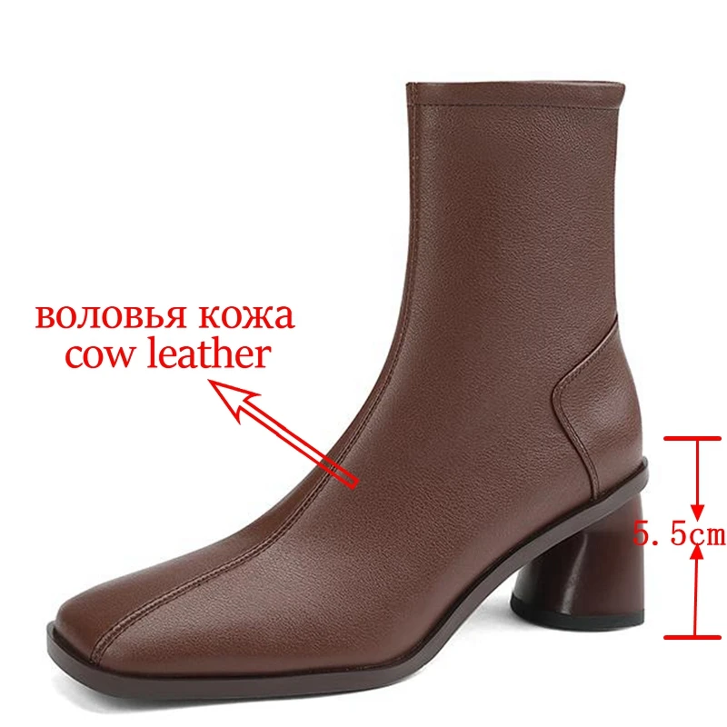 Krazing Pot New Arrival Cow Leather Square Toe Thick High Heels Chelsea Boots Gentlewomen Simple Style Joker Zipper Ankle Boots