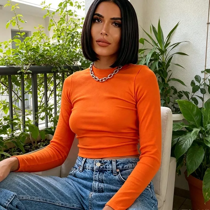 Ribbed round neck solid color base T-shirt women's bright color spring fashion exposed navel tight long sleeved top