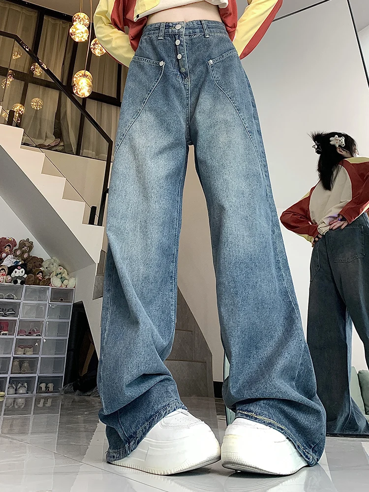 

Woman Big Size Fashion High Waist Washed Wide Leg Jeans Female Designer Pockets High Street Vintage Oversized Baggy Slacks Pants