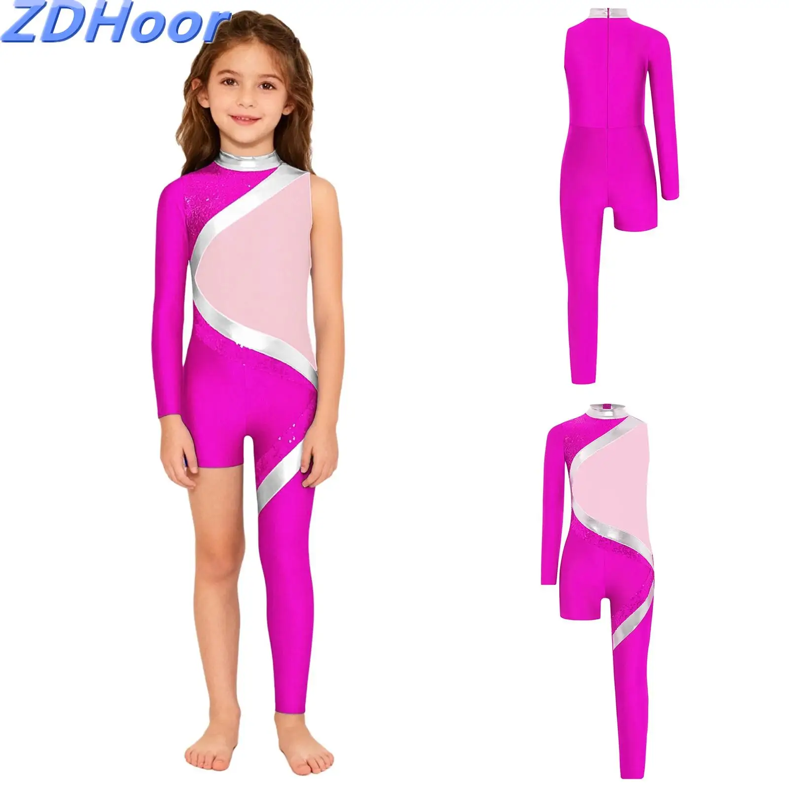 

Kids Girls Gymnastics Jumpsuit Mock Neck Back Invisible Zipper Shiny Sequins Color Block Asymmetrical Ballet Jumpsuit