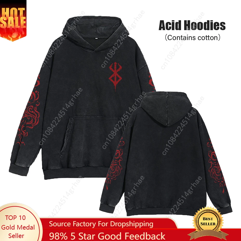

Anime Acid Print Sweatshirts Berserk Guts Men's Washed Hoodie Harajuku Autumn Winter Streetwear Clothe Plus Size Black Hoodie